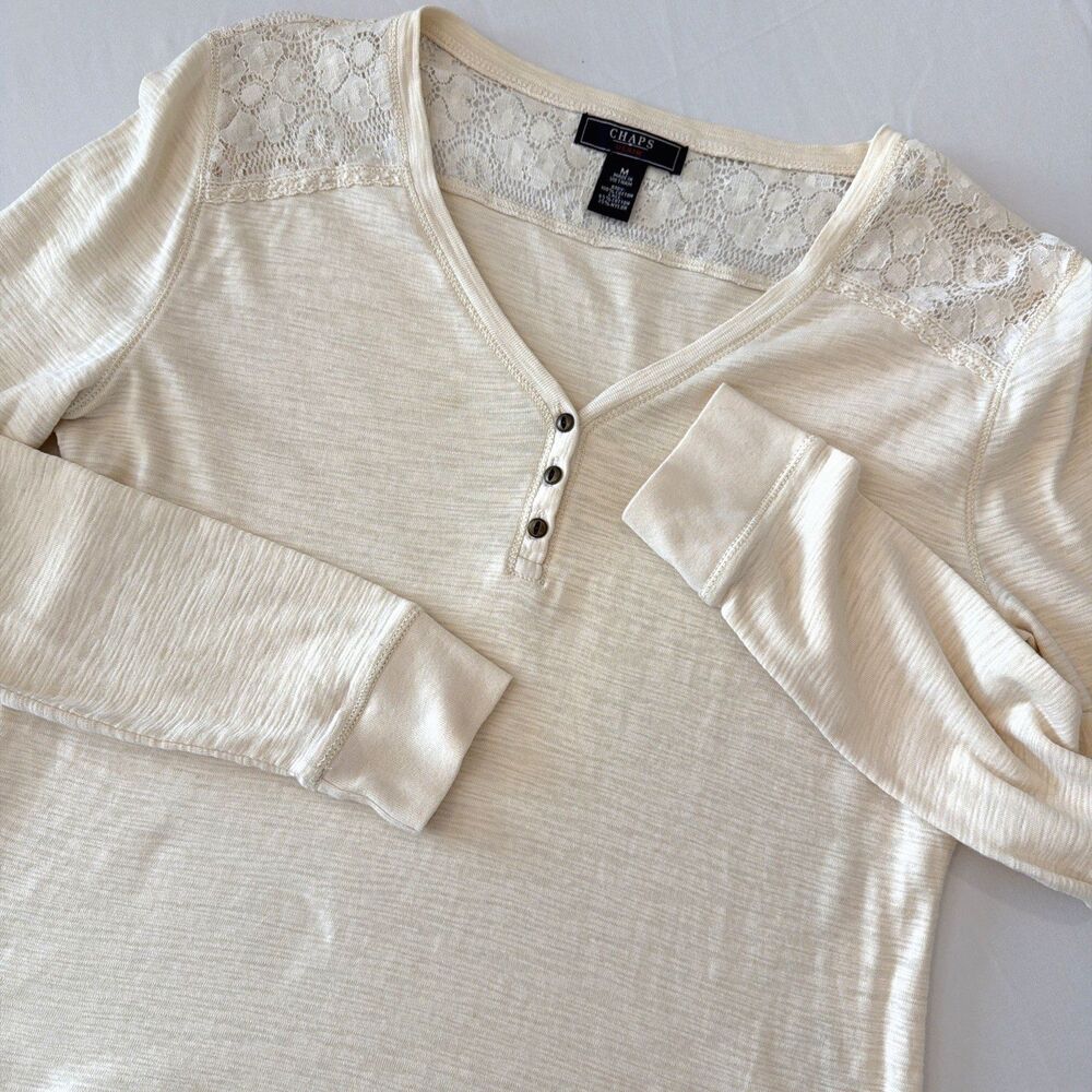 Chaps Womens M Henley Shirt Ivory Lace Trim Western Boho Soft Girl Cottage Rodeo - Picture 2 of 16